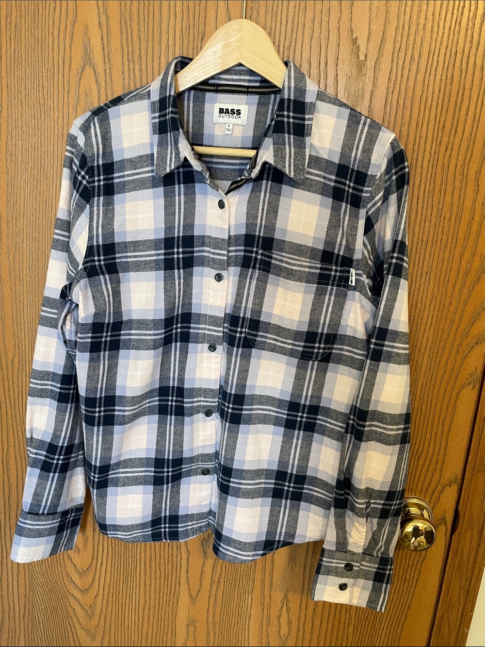 Bass Outdoor Women’s Navy and White Plaid Button-Down Shirt